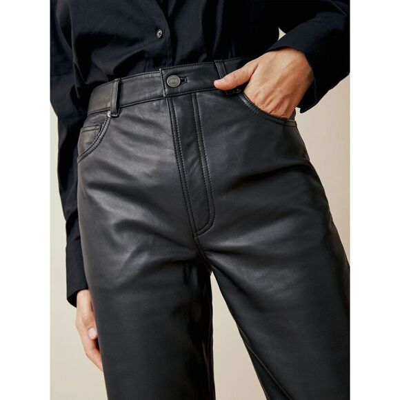 New Reformation x Veda Cynthia Leather Pants Size 10 Black - Picture 3 of 7
